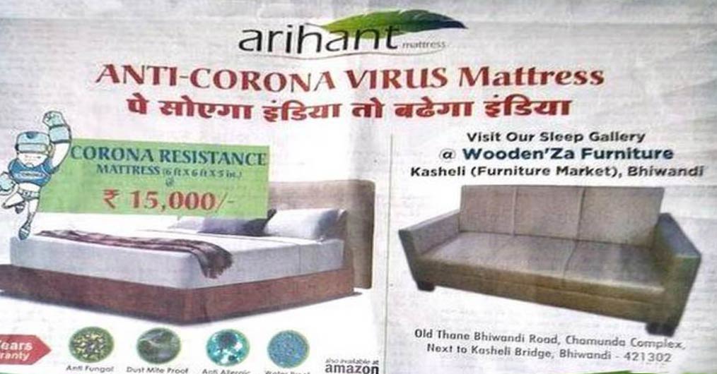 Furniture Manufacturer Booked for ‘Anti-Corona Mattress’ Advertisement 